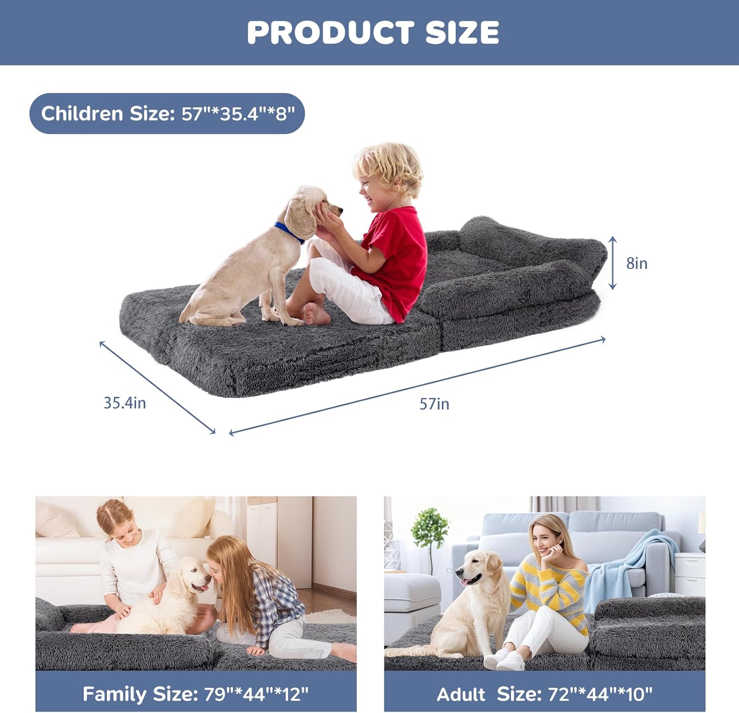 57" Foldable Human Dog Bed for Kids, Fluffy Faux Fur, Orthopedic Washable Dog Bed with Memory Foam and Water Repellent Liner Thick for Pet Installation Free (Grey)