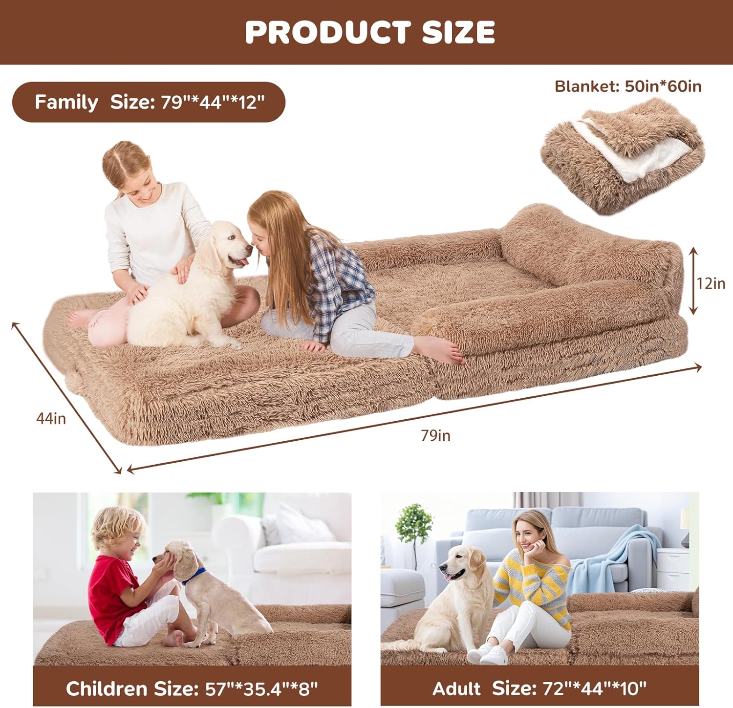 79" Foldable Human Dog Bed for Adults, Fluffy Faux Fur with Blanket, Orthopedic Washable Dog Bed with Memory Foam and Water Repellent Liner Extra Large Thick for Pet (Brown)
