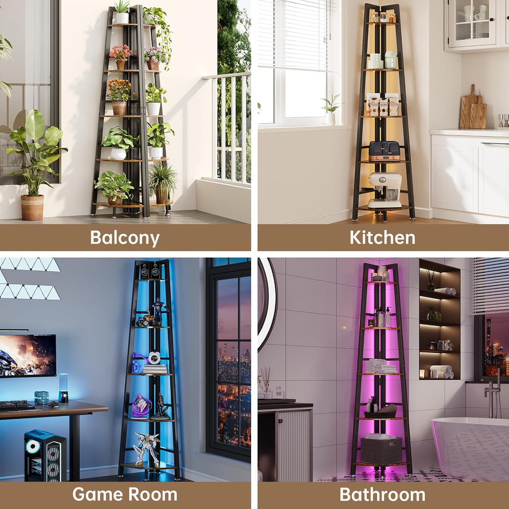 5-Tier Corner Shelf with LED Light, 70 Inch Display Shelf for Living Room, Bedroom, Bookshelf, Industrial Shelf, Plant Shelf (Rustic Brown, Ladder Corner Shelf)