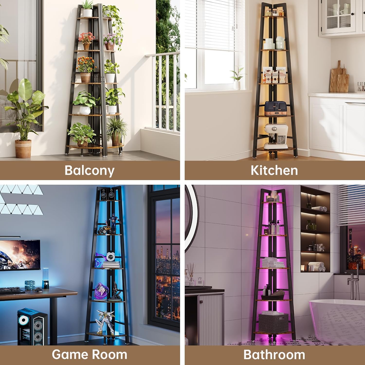 5-Tier Corner Shelf with LED Light, 70 Inch Display Shelf for Living Room, Bedroom, Bookshelf, Industrial Shelf, Plant Shelf (Rustic Brown, Ladder Corner Shelf)