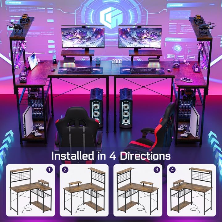 L Shaped Gaming Desk, Reversible Computer Desk with 4-Tier Shelves, Corner Desk with Pegboard, Home Office Desk with LED Lights & Power Outlets Gaming Desk with Storage, Rustic Brown