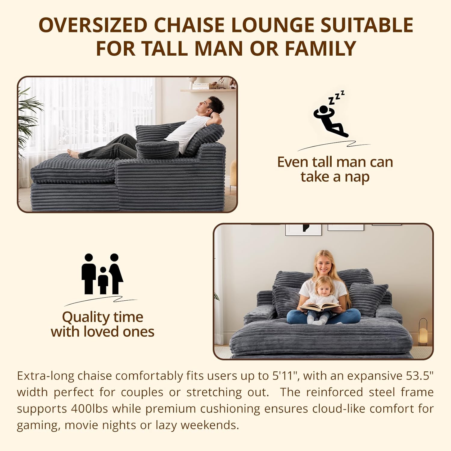 Oversized Chaise Lounge Chair, 57.5'' Deep Seat with 6'' Thick Cushion, Upholstered Sleeper Sofa with Pillows, Comfy Lounge Chair for Tall Adults, Living Room or Bedroom(Grey)