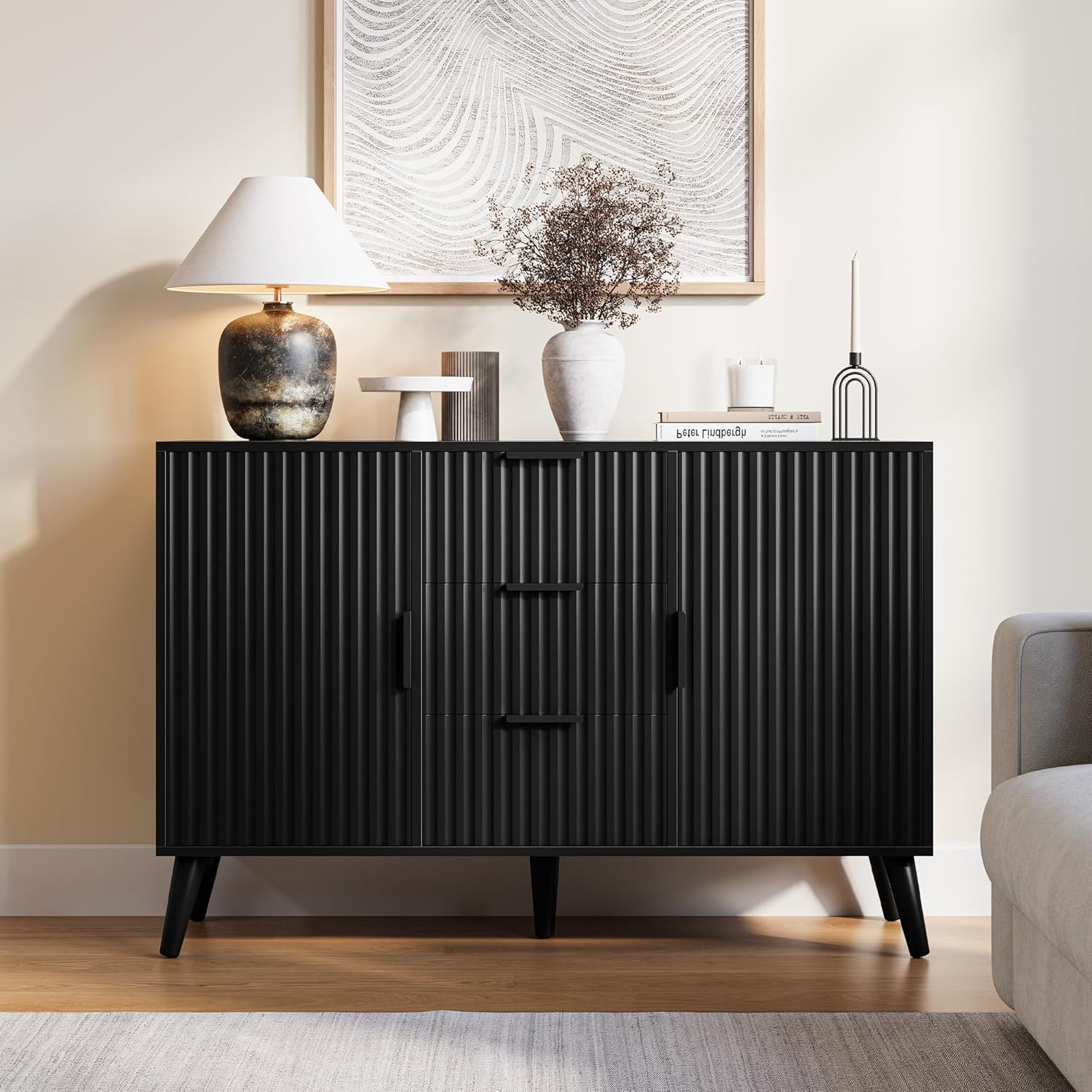 47" Black Sideboard Buffet Cabinet with 3 Drawers, Fluted Modern Buffet Cabinet with Storage, 2 Doors Sideboard Cabinets Accent Credenza for Dining Room|Living Room|Entryway