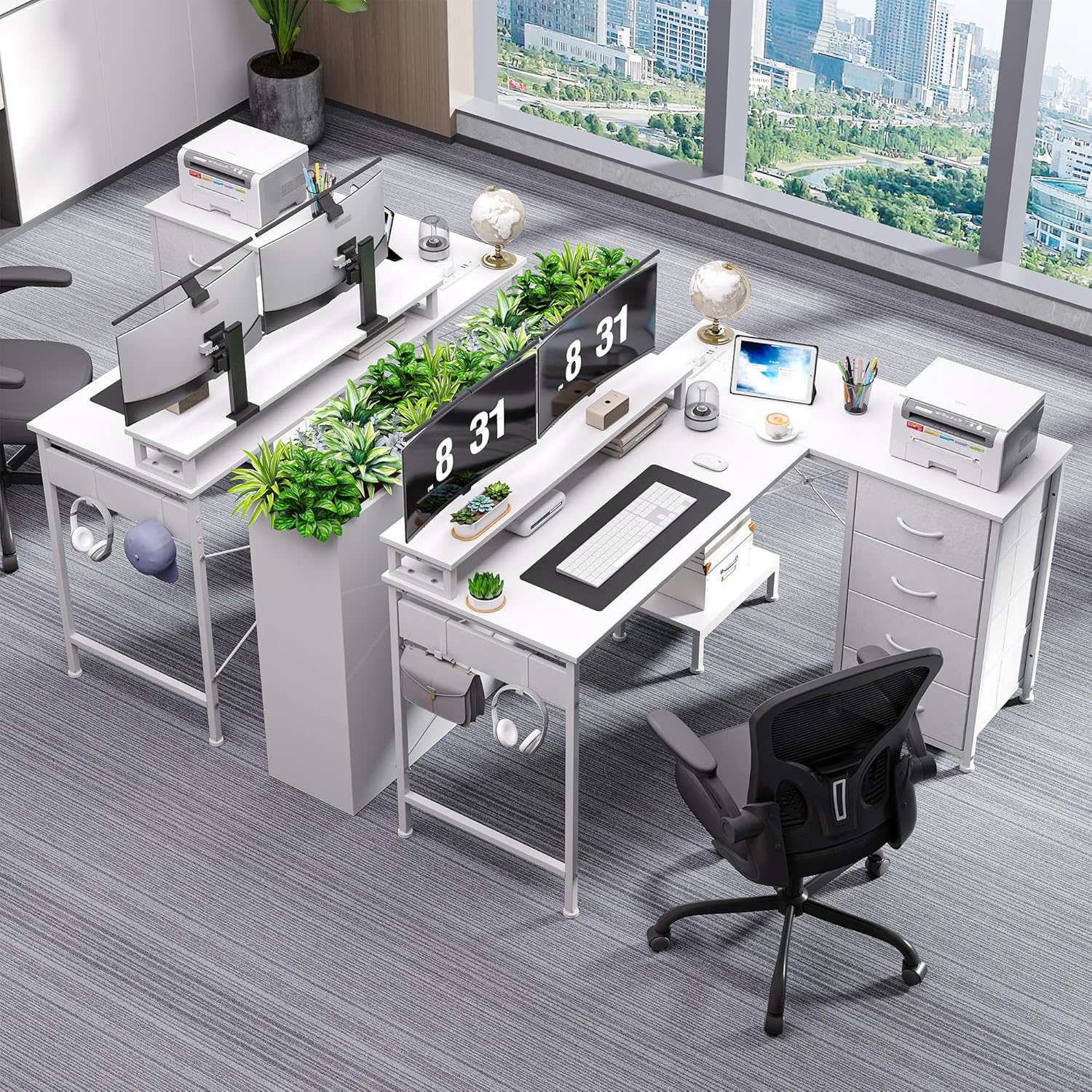 L Shaped Gaming Desk with 4 Drawers, 51" Reversible Computer Desk with Monitor Stand, Home Office Table with USB Port&LED Lights, L Shape Corner Office Desk with Open Shelves&Hooks, White