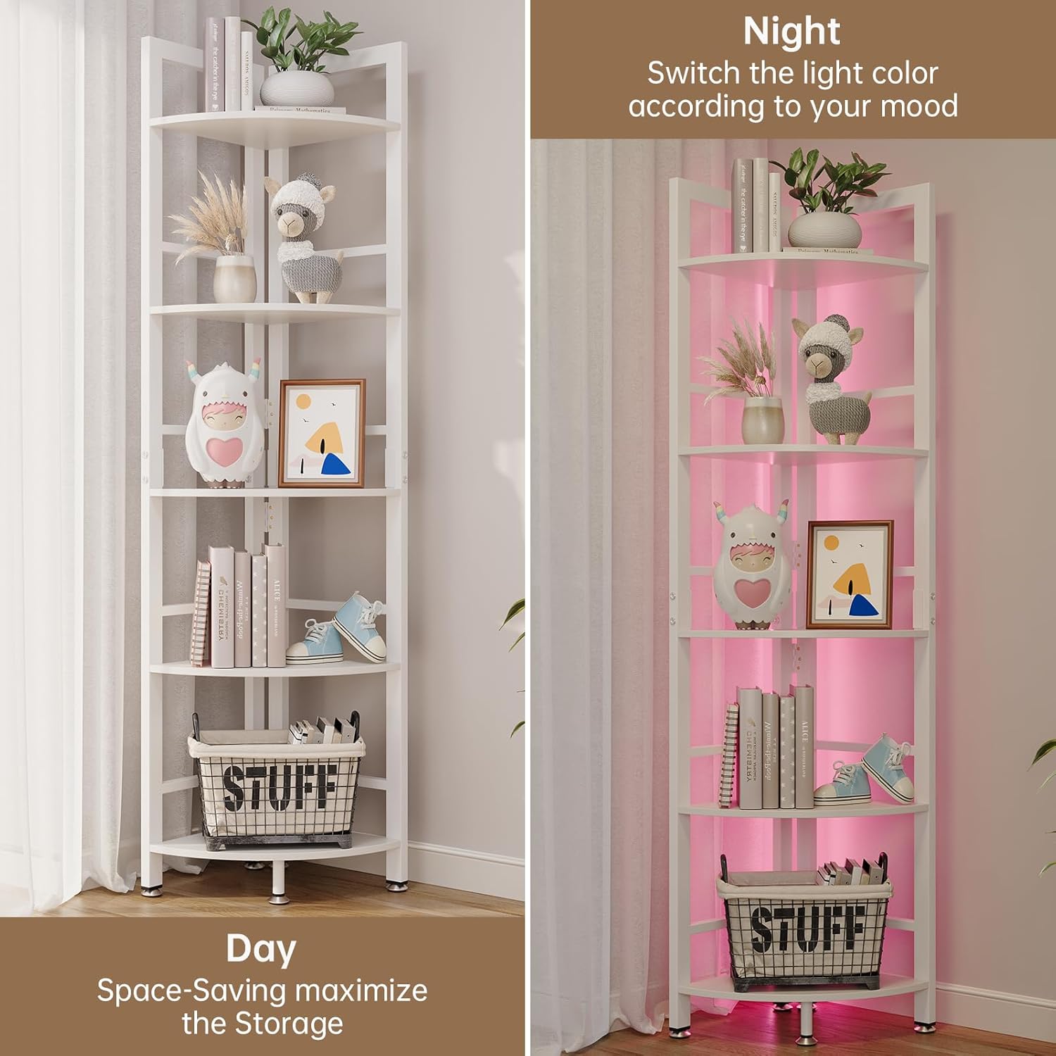 5-Tier Corner Shelf Stand with LED Light, 70 Inch Tall Display Shelf for Living Room, Bedroom, Bookshelf, Industrial Shelf with Steel Frame, Plant Shelf (White)