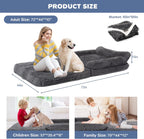 72" Foldable Human Dog Bed for Adults, Fluffy Faux Fur with Blanket, Orthopedic Washable Dog Bed with Memory Foam and Water Repellent Liner Extra Large Thick for Pet (Grey)
