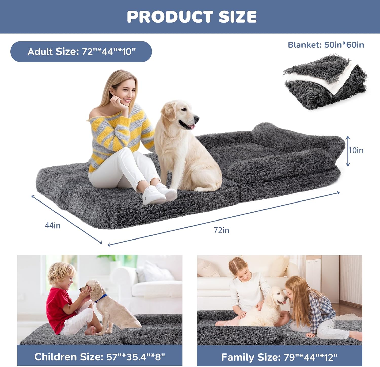 72" Foldable Human Dog Bed for Adults, Fluffy Faux Fur with Blanket, Orthopedic Washable Dog Bed with Memory Foam and Water Repellent Liner Extra Large Thick for Pet (Grey)