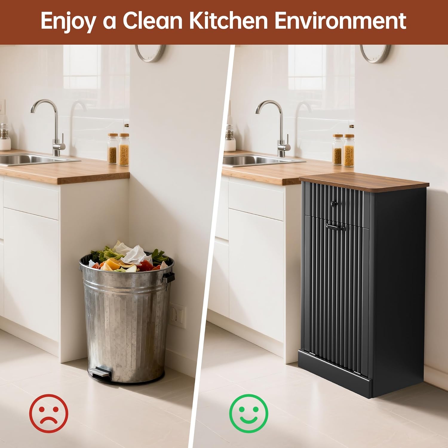 Tilt Out Trash Can Cabinet 10 Gallon, Wooden Laundry Hamper with Hideaway Drawer, Recycling Trash Can Storage for Kitchen Laundry Living Room (Black, 10 Gallon)