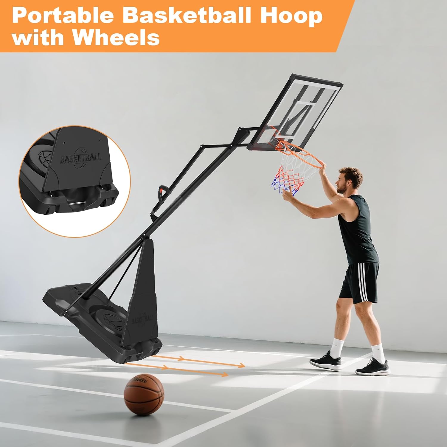 44 Inch Basketball Hoop, 5-10FT Height Adjustable Basketball Hoop Goal System with Shatterproof Backboard and Wheels, Outdoor Portable Basketball Goals for Backyard, Garage, Park (Hand Pull)