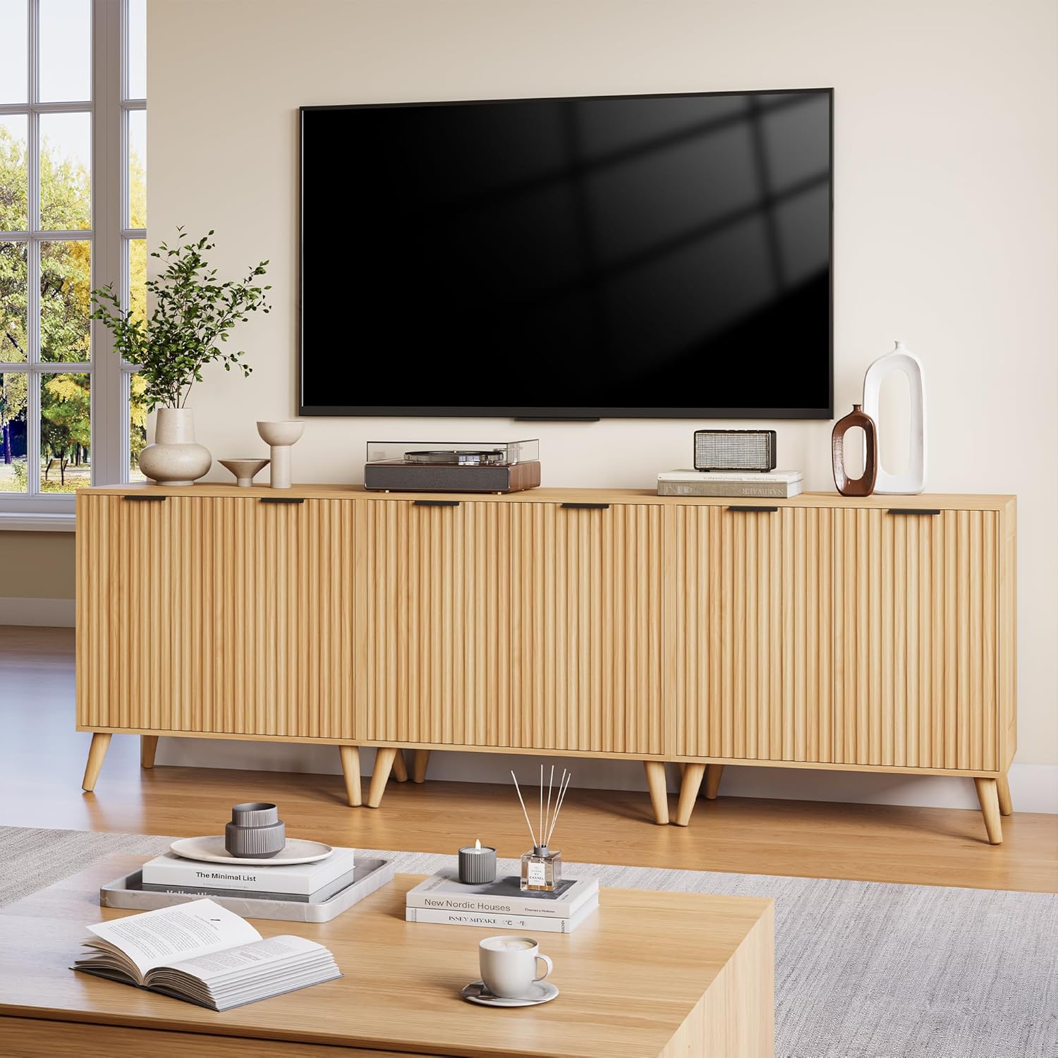 Fluted Sideboard Buffet Cabinet with Storage, Modern Sideboard Cabinet for Dining Room, Accent Credenza with Adjustable Shelves 2 Doors Storage Cabinets for Living Room|Kitchen, Natural