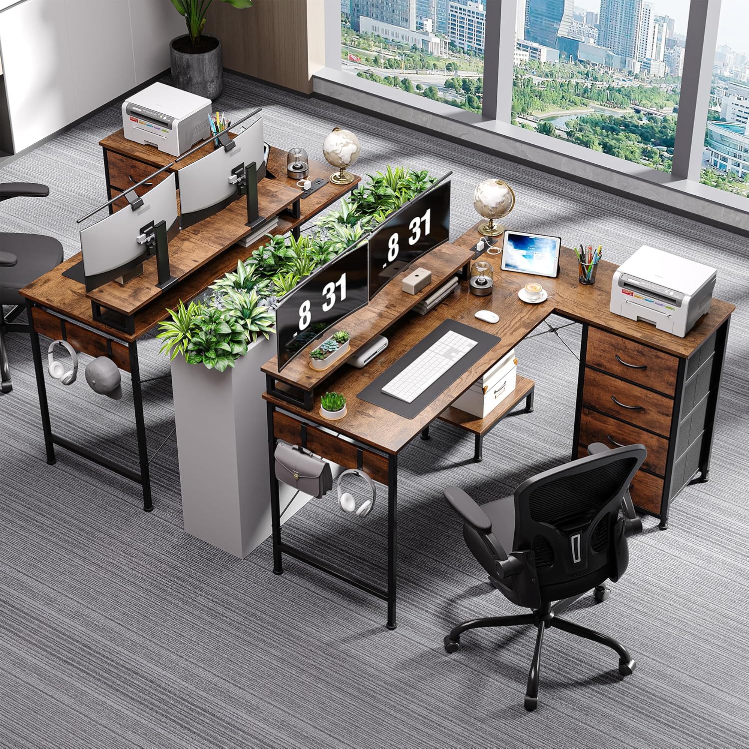 L Shaped Gaming Desk with 4 Drawers, 51" Reversible Computer Desk with Monitor Stand, Home Office Table with USB Port&LED Lights, L Shape Corner Desk with Open Shelves&Hooks, Rustic Brown