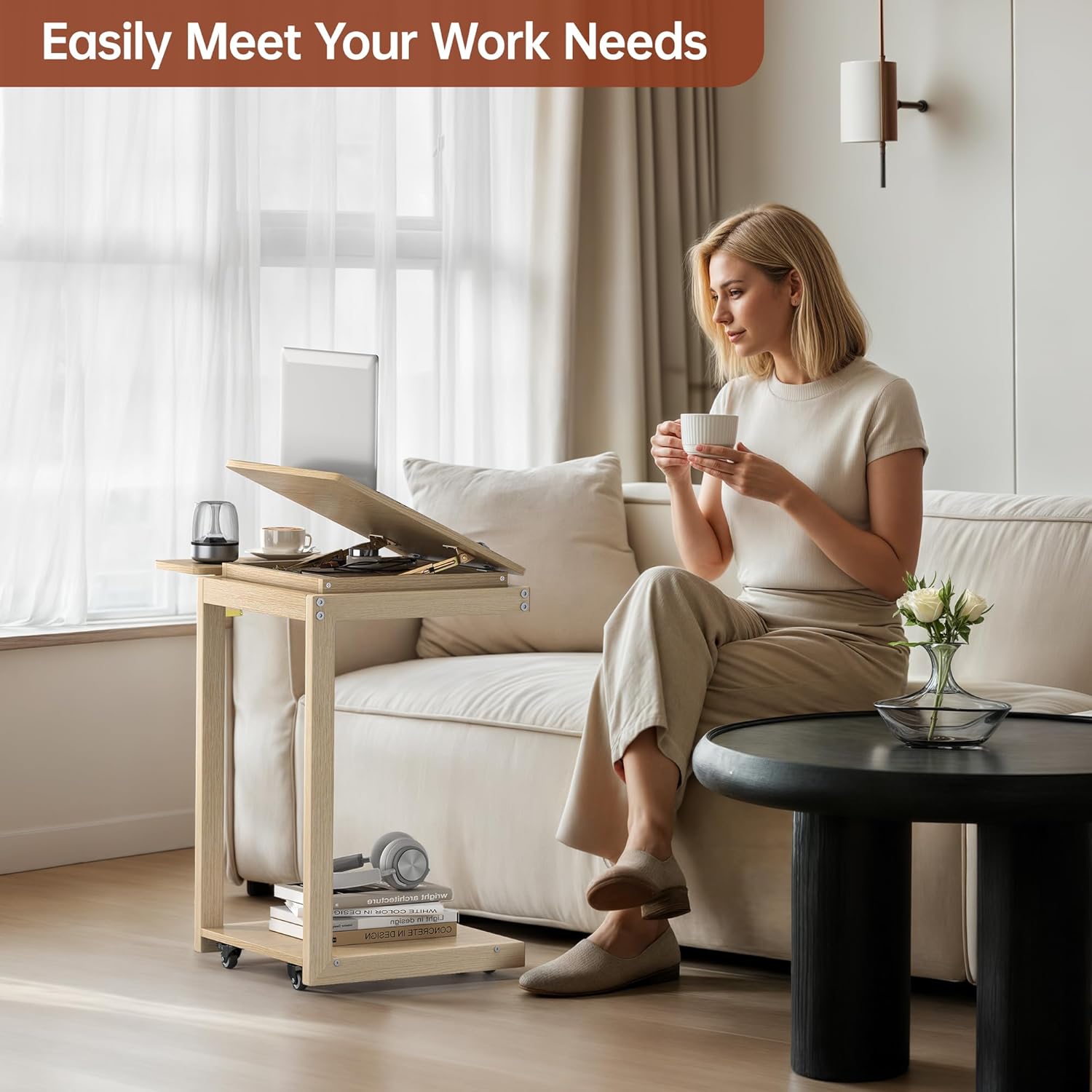 C Shaped End Table, Rolling Side Table with 4-Way Convertible Desktop, Wooden C Table with Multi-Functional Folding Tray &Lockable Wheels, Living Room,Bedroom,White Oak