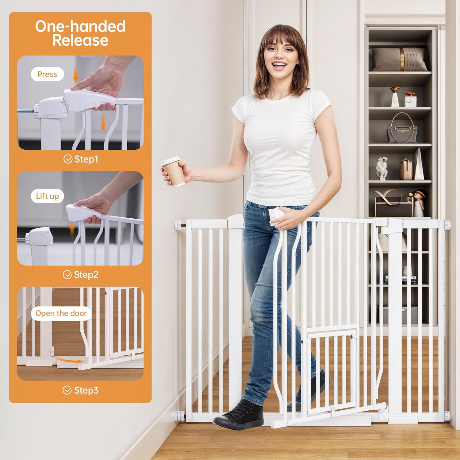Pet Gate With Cat Door, 29.5-43'' Extra Wide Auto Close Dog Gate Indoor, 1.37'' Narrower Bar Spacing, No Drilling Pressure Mounted Easy Walk Thru for Doorway and Stairs