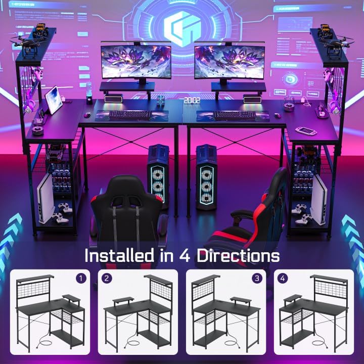 L Shaped Gaming Desk, Reversible Computer Desk with 4-Tier Shelves, Corner Desk with Pegboard, Home Office Desk with LED Lights & Power Outlets Gaming Desk with Storage, Carbon Fiber Black