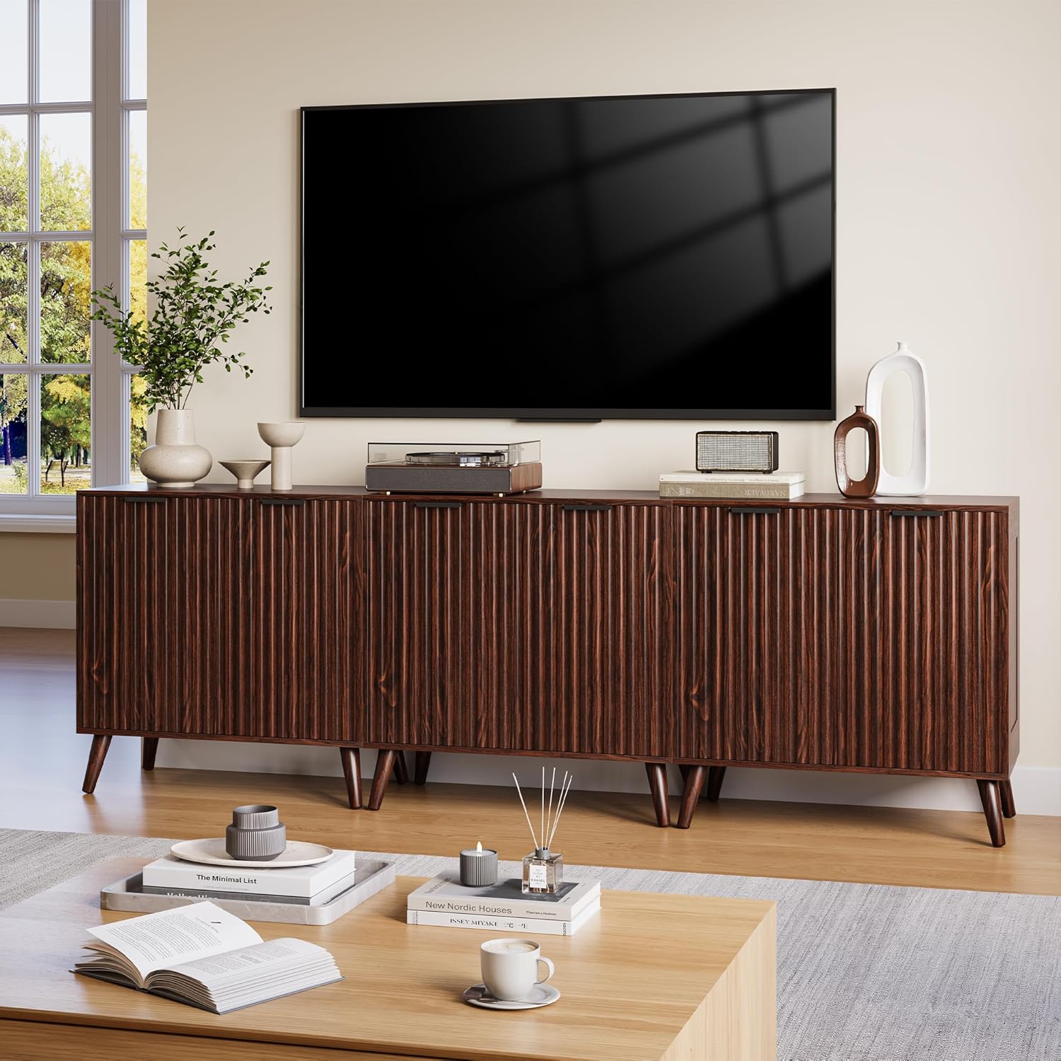 Fluted Sideboard Buffet Cabinet with Storage, Modern Sideboard Cabinet for Dining Room, Accent Credenza with Adjustable Shelves 2 Doors Storage Cabinets for Living Room|Kitchen, Walnut