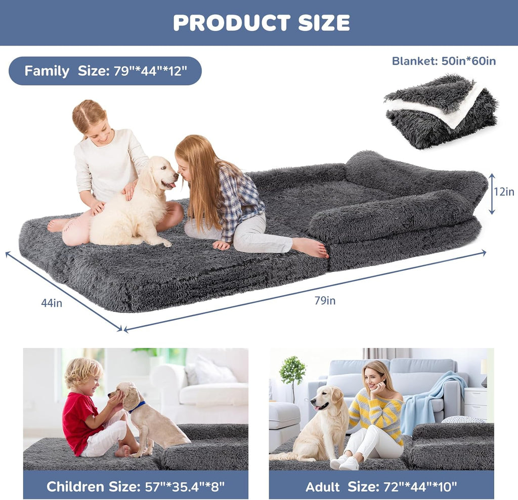 79" Foldable Human Dog Bed for Adults, Fluffy Faux Fur with Blanket, Orthopedic Washable Dog Bed with Memory Foam and Water Repellent Liner Extra Large Thick for Pet (Grey)