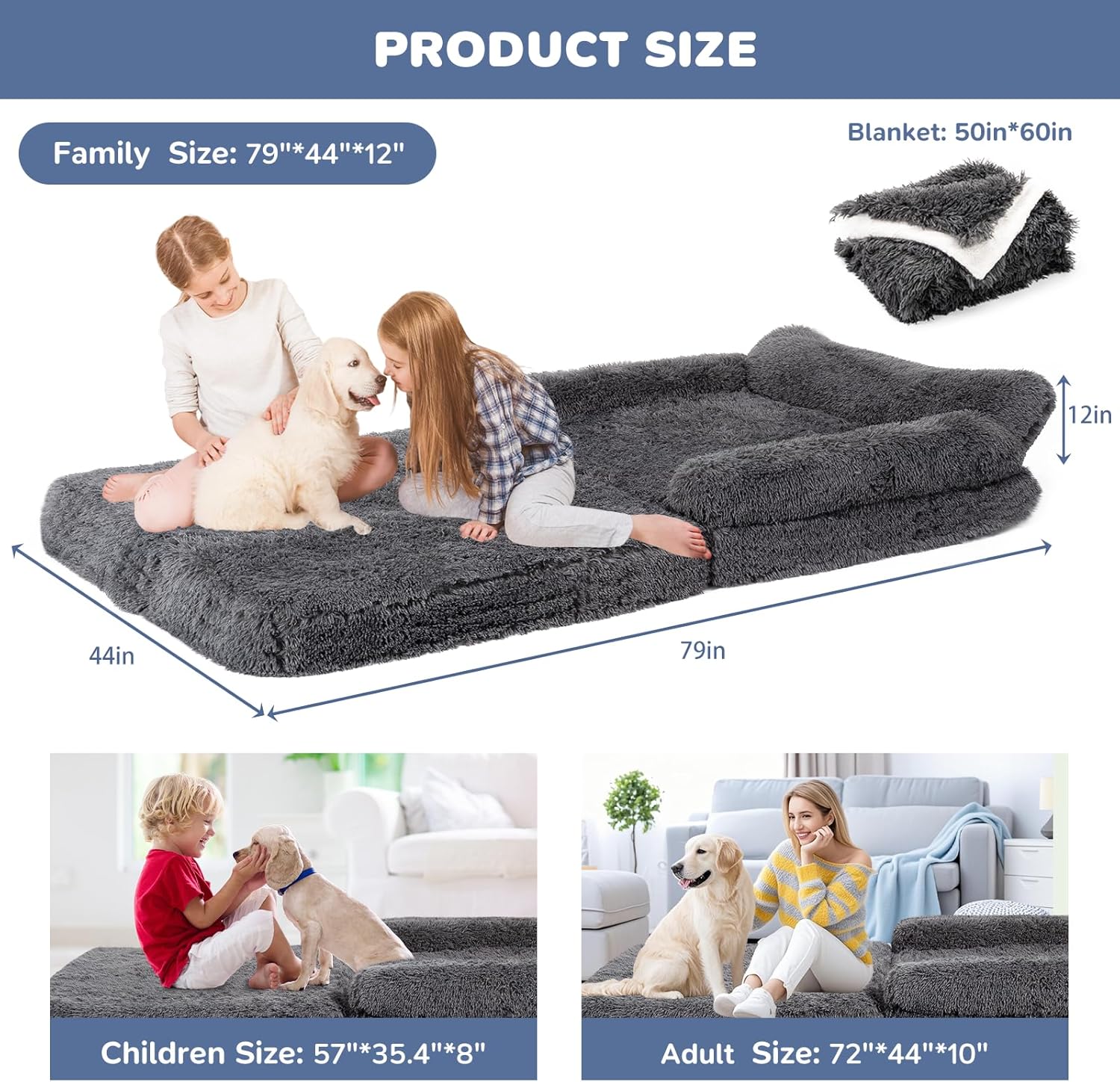 79" Foldable Human Dog Bed for Adults, Fluffy Faux Fur with Blanket, Orthopedic Washable Dog Bed with Memory Foam and Water Repellent Liner Extra Large Thick for Pet (Grey)