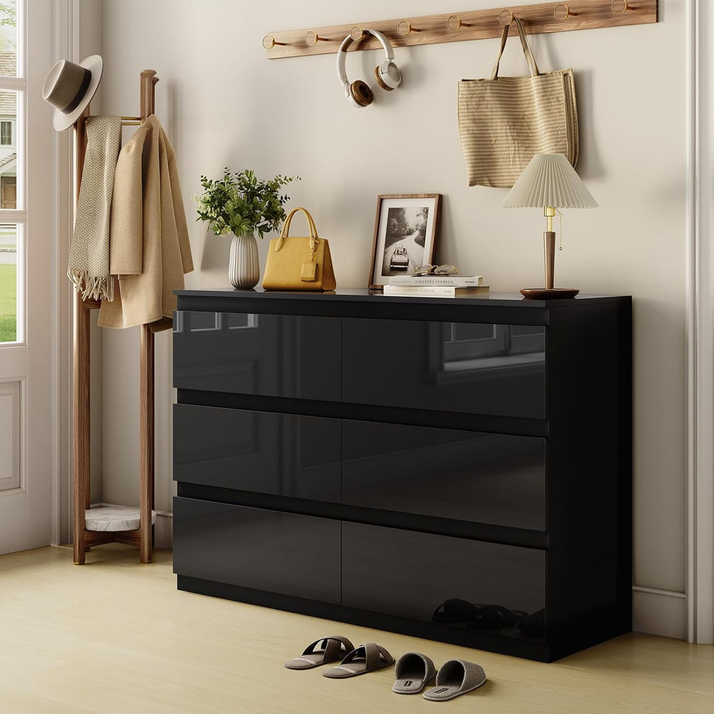 Black Wood Dresser for Bedroom, 6 Drawer Dressers for Clothes Storage, Modern Dresser with Wide Drawers, Wide Wooden Chest Drawers for Living Room, Entryway, TV Stand(47" W x15.4 Dx32.3 H)