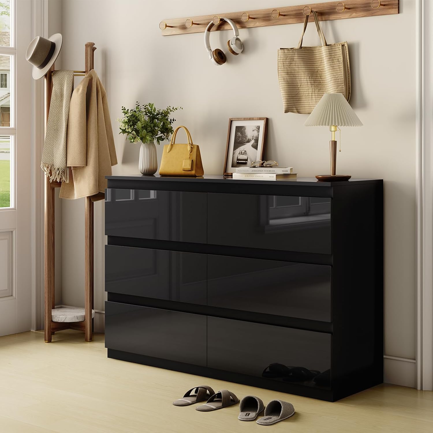 Black Wood Dresser for Bedroom, 6 Drawer Dressers for Clothes Storage, Modern Dresser with Wide Drawers, Wide Wooden Chest Drawers for Living Room, Entryway, TV Stand(47" W x15.4 Dx32.3 H)
