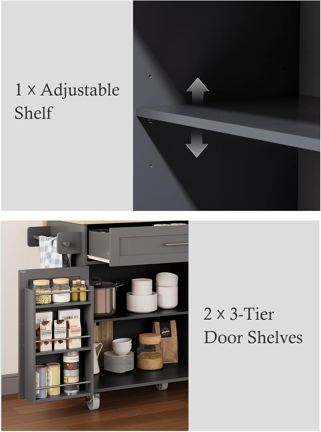 Kitchen Island with Storage, 31.5" D Rolling Kitchen Cart on Wheels with Widen Drop Leaf Rubberwood Top, Large Mobile Kitchen Island with Trash Can Storage and Towel Bar, Grey