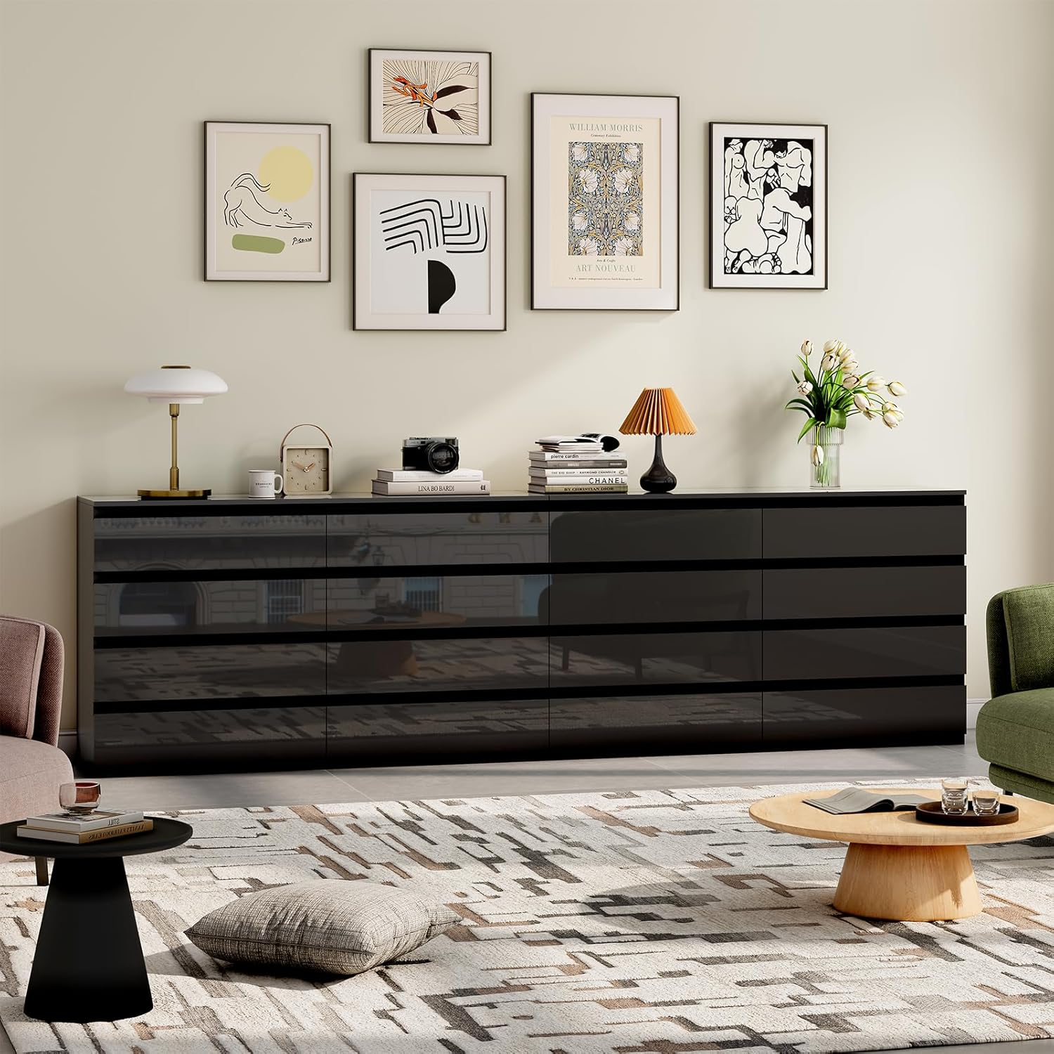 Black Wood Dresser for Bedroom, 8 Drawer Dressers for Clothes Storage, Modern Dresser with Wide Drawers, Wide Wooden Chest Drawers for Living Room, Entryway, TV Stand(55" W x15.4 Dx32.3 H)