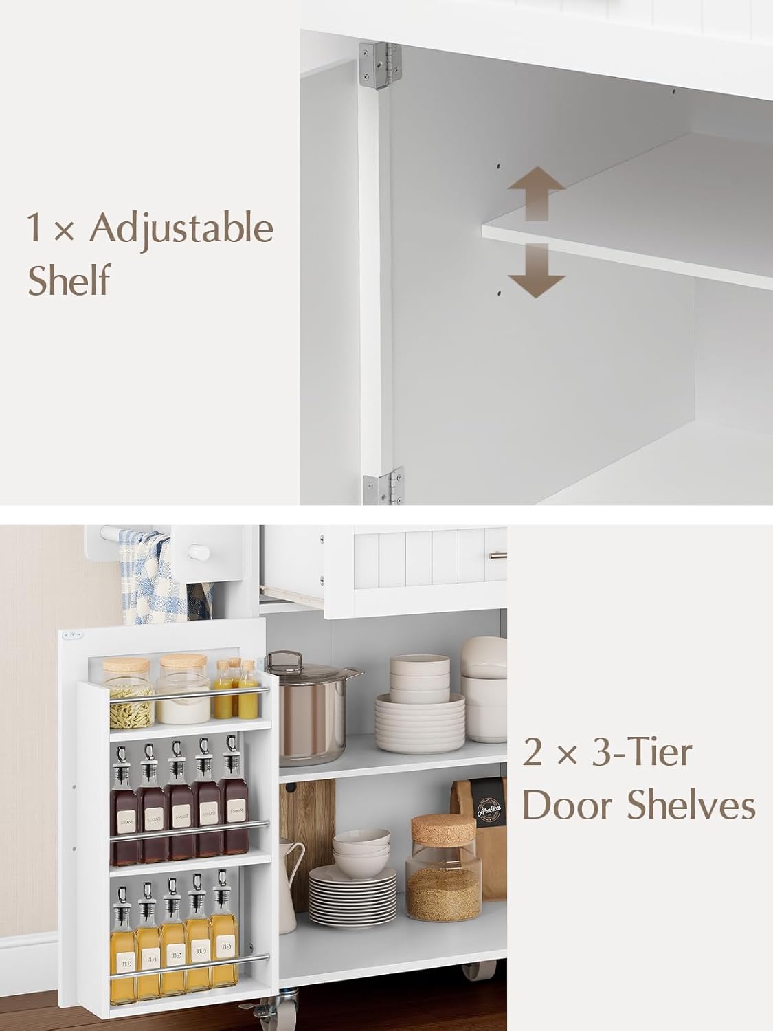 Kitchen Island with Storage, 31.5" D Rolling Kitchen Island Cart on Wheels with Widen Drop Leaf Rubberwood Top, Large Mobile Kitchen Islands with Trash Can Storage and Towel Bar, White