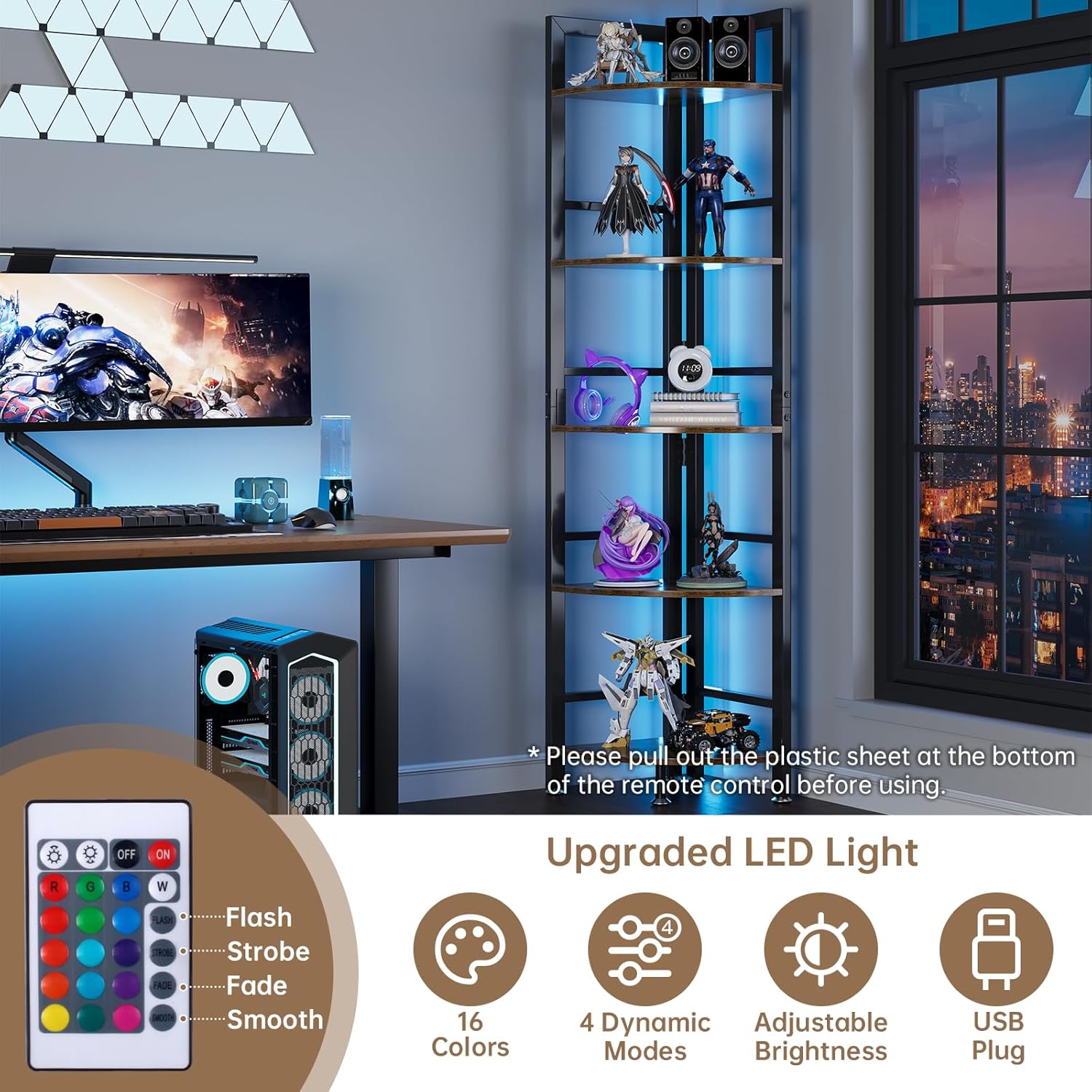 5-Tier Corner Shelf Stand with LED Light, 70 Inch Tall Display Shelf for Living Room, Bedroom, Bookshelf, Industrial Shelf with Steel Frame, Plant Shelf (Brown)