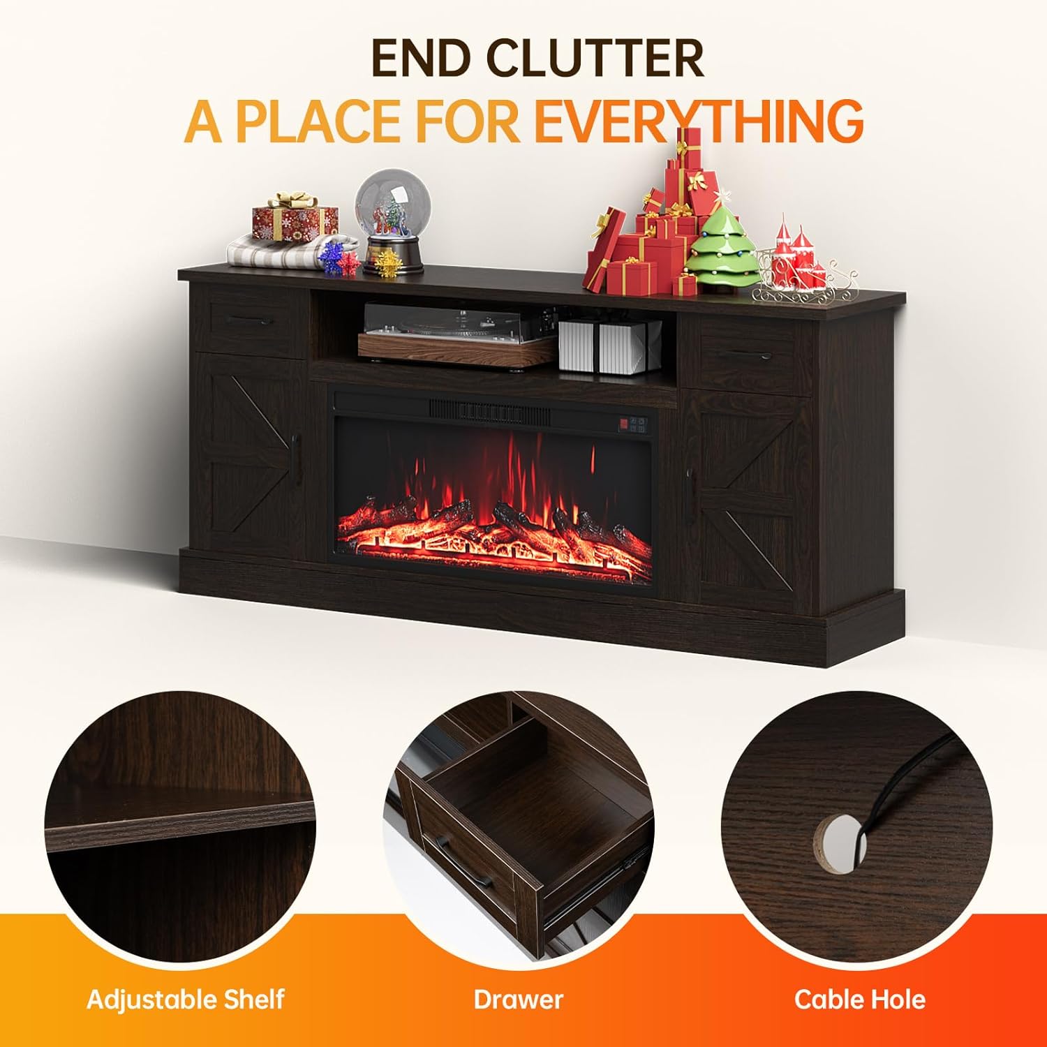 70 inch Fireplace TV Stand for Living Room, Electric Fireplace TV Stand with 12 Colors of 3D Flame & Heating, Entertainment Center with Storage Cabinet (Brown, Farmhouse)