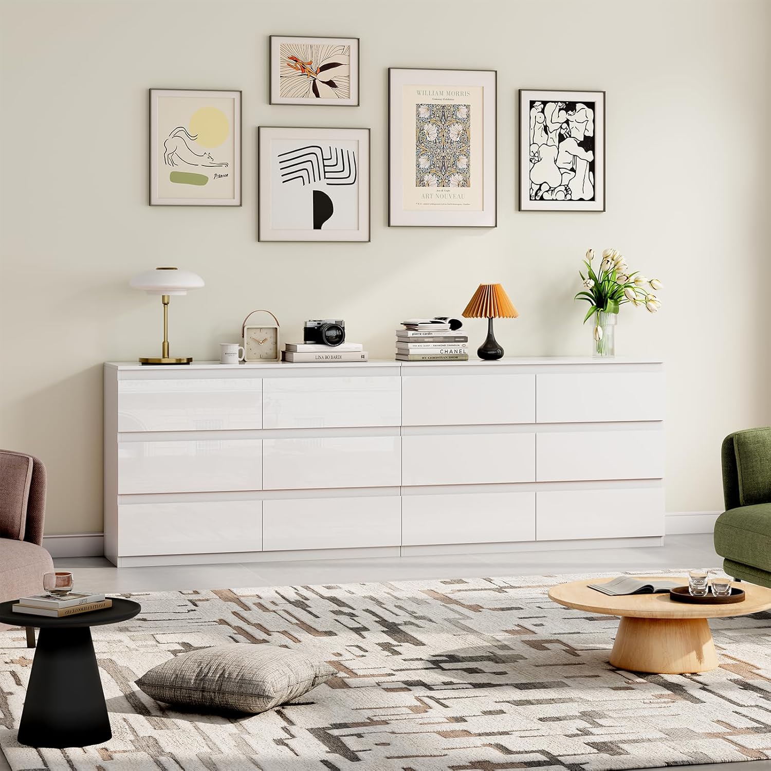 White Wood Dresser, 6 Drawer Dressers for Clothes Storage for Bedroom, Modern Dresser with Wide Drawers, Wide Wooden Chest Drawers for Living Room, Entryway, TV Stand(47" W x15.4 Dx32.3 H)