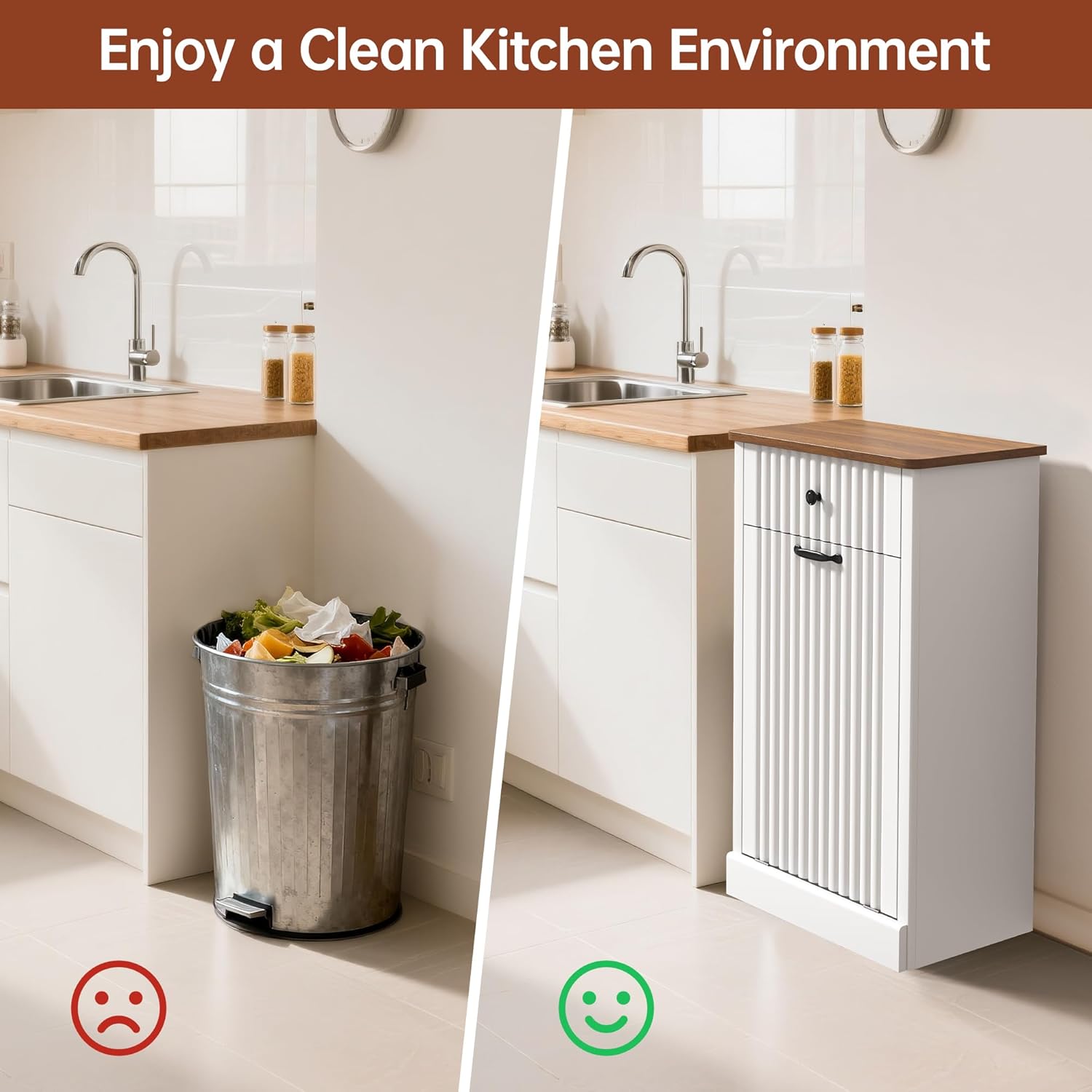 Tilt Out Trash Can Cabinet 10 Gallon, Wooden Laundry Hamper with Hideaway Drawer, Recycling Trash Can Storage for Kitchen Laundry Living Room (White, 10 Gallon)