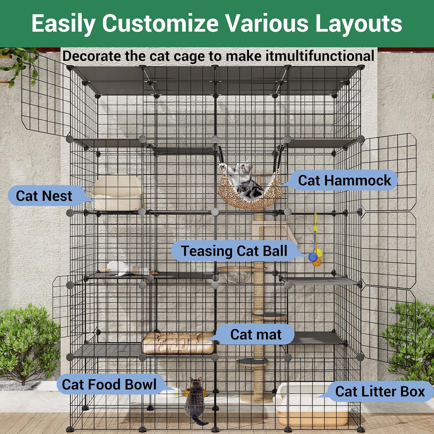 5-Tier 70 Inch Large Cat Cages, DIY Cat Enclosure Indoor with 5 Doors 12 Jumping, Large Detachable Metal Wire Cat Kennel Exercise Place Ideal for 1-4 Cats