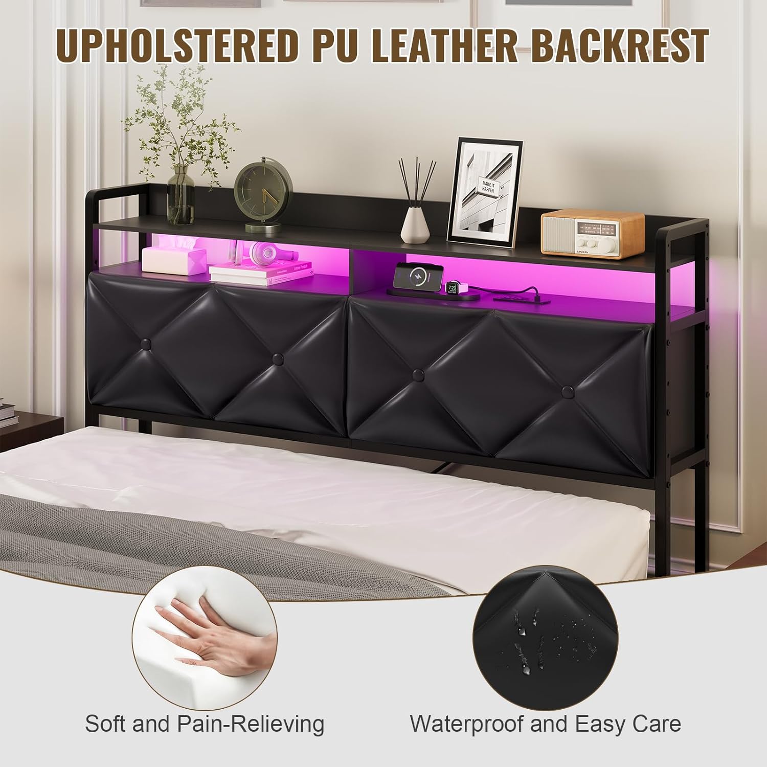 Headboard Queen Size with 2-Tier Open Space and Pull-Out Hidden Storage, Upholstered Headboard with Charging Station, Height Adjustable Sturdy Queen Bed Head Only, Easy Assembly, Black