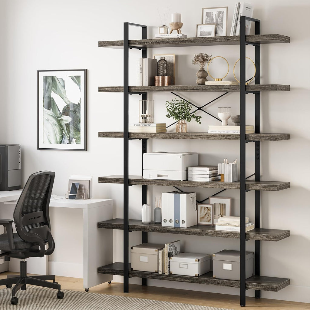 Heavy Duty 6-Tier Industrial Bookcase, 47" Wide Wood Bookshelf for Home Office, 120lbs Shelf Capacity, Rustic Open Shelving Display with Reinforced Horizontal Shelf for Living Room Bedroom, Grey