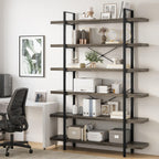 Heavy Duty 6-Tier Industrial Bookcase, 47" Wide Wood Bookshelf for Home Office, 120lbs Shelf Capacity, Rustic Open Shelving Display with Reinforced Horizontal Shelf for Living Room Bedroom, Grey