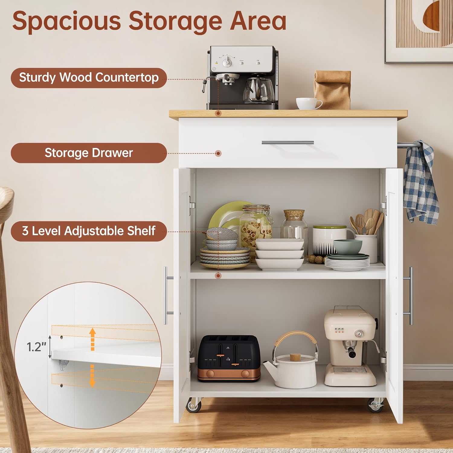 Kitchen Island Cart with Storage, Small Kitchen Island on Wheels with Large Drawer, Adjustable Shelf & Towel Rack, Rolling Island Table for Kitchen & Dining Room, White