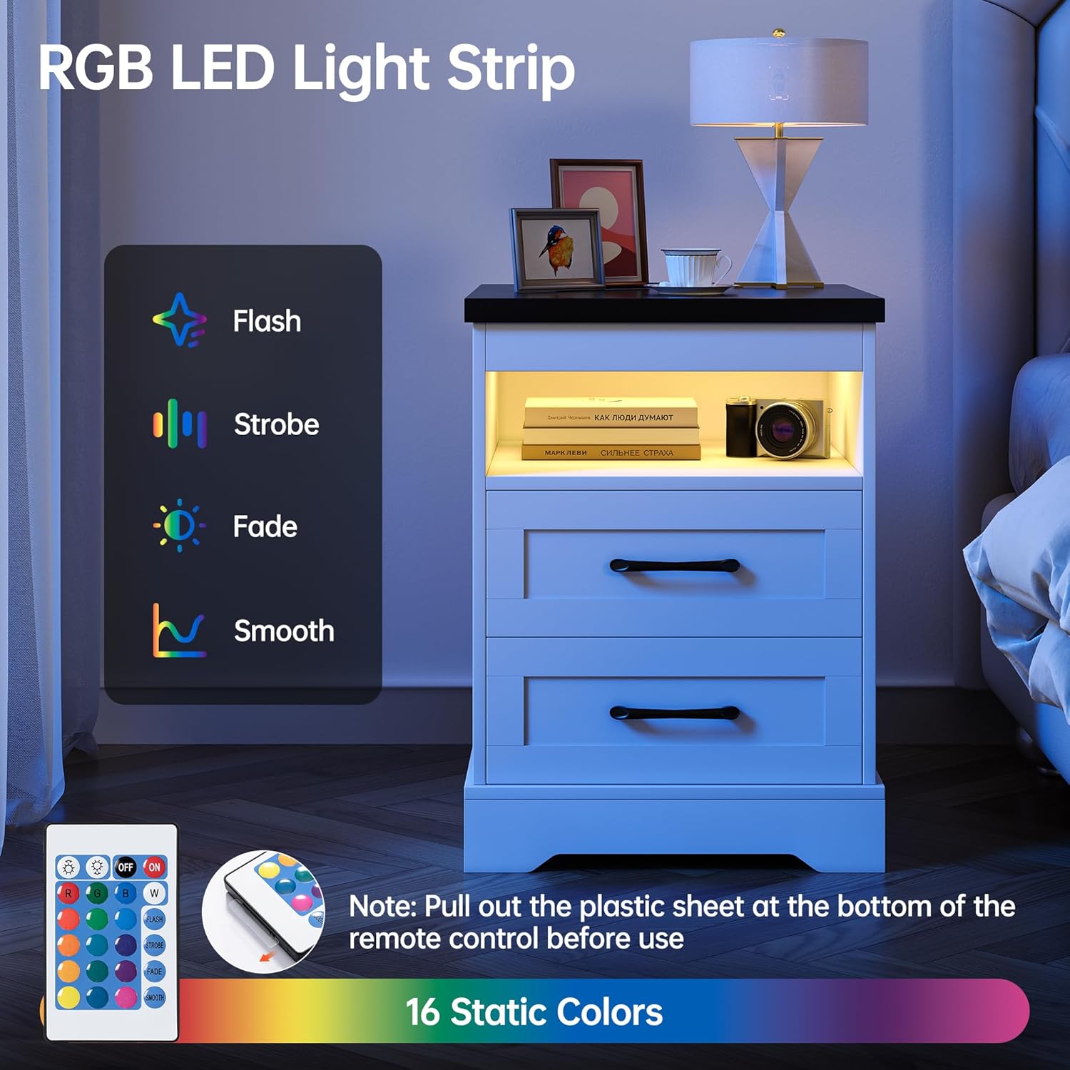 Farmhouse Nightstand with LED Lights and Built-in Power Outlets & USB Ports, Bedside Table with 2 Drawers and Open Storage Shelf, End Table for Bedroom, White