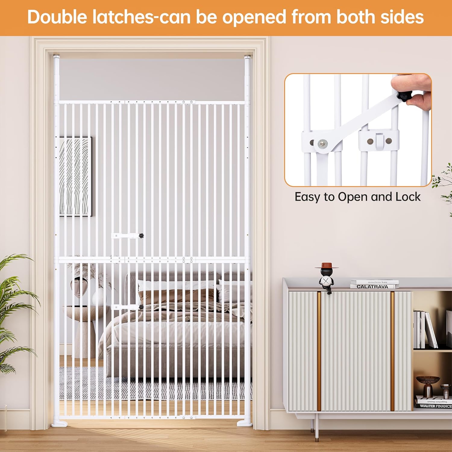 71'' Extra Tall Pet Gate, 31.5-43.3'' Extra Wide Cat Gate for Doorway, No Drilling, 1.37'' Extra Narrow Gap, Double Opening & Easy Lock, Cat Proof Gate Full Door