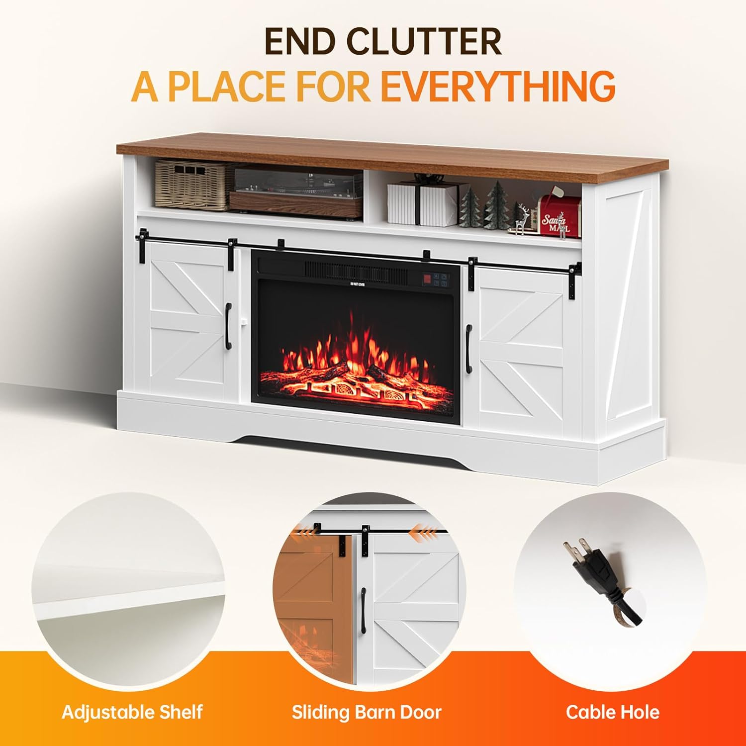 70 inch Fireplace TV Stand for Living Room, Electric Fireplace TV Stand with 12 Colors of 3D Flame & Heating, Entertainment Center with Storage Cabinet (Brown, Rustic Sliding)