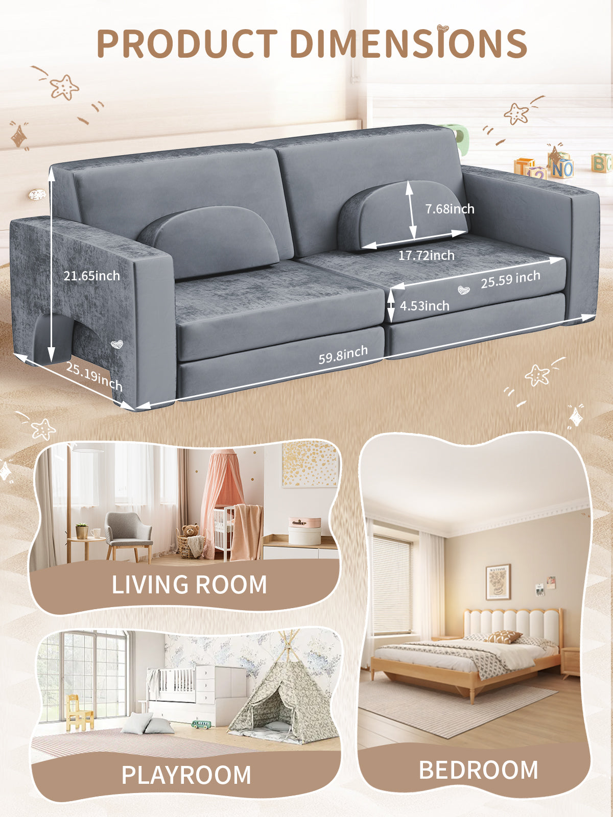 Modular Kids Play Couch, 10PCS Nugget Couch Kids for Boys and Girls, Child Sectional Sofa Versatile Kid Sofa for Playroom, Bedroom, Classroom, Grey
