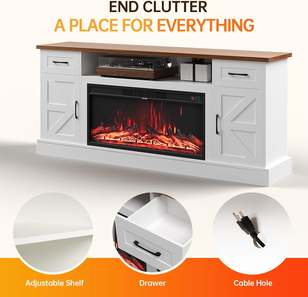 70 inch Fireplace TV Stand for Living Room, Electric Fireplace TV Stand with 12 Colors of 3D Flame & Heating, Entertainment Center with Storage Cabinet (White, Farmhouse)