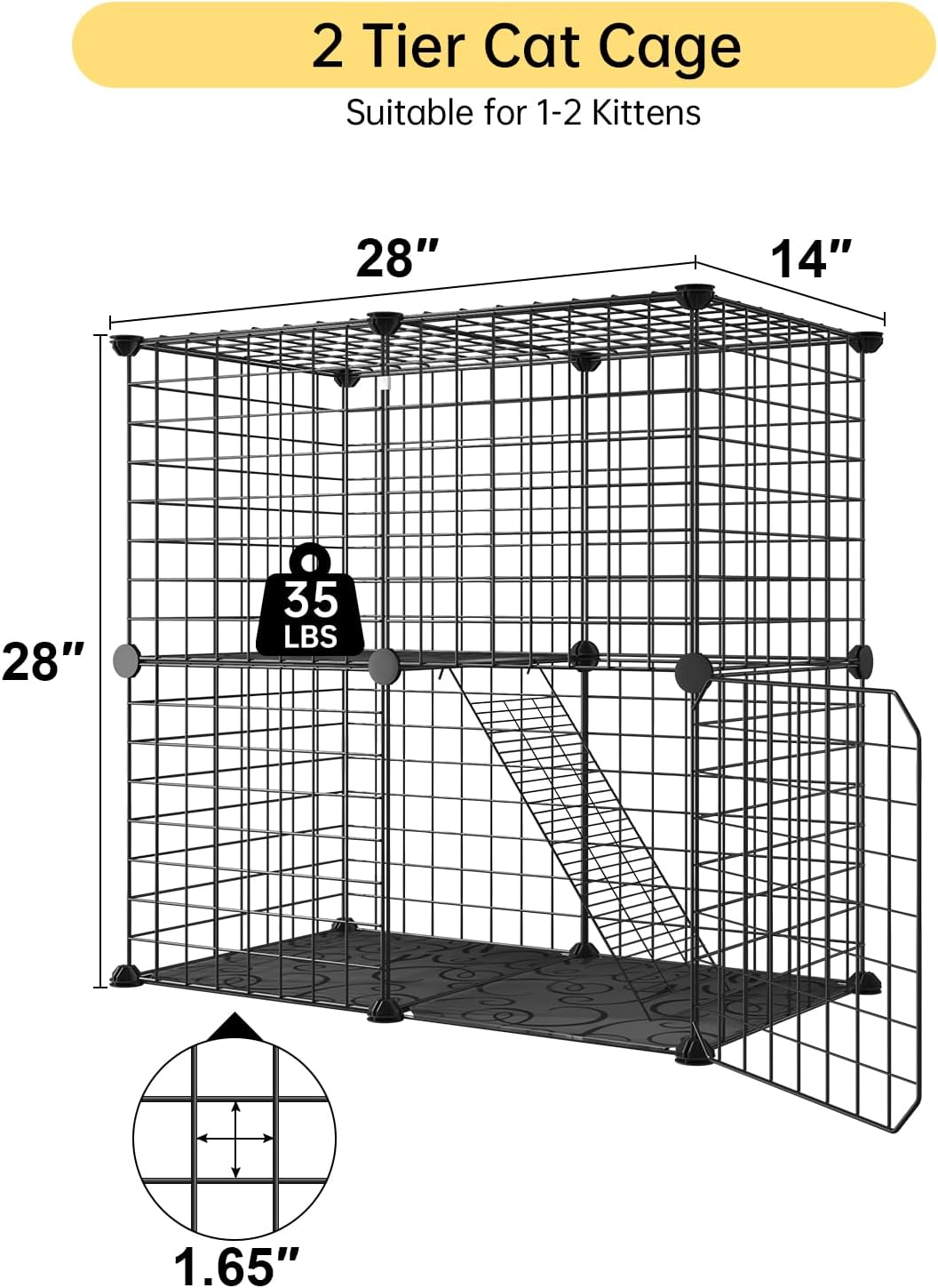 2 Tier Kitten Cage with Climbing Ladder, Sturdy and Stable Metal Wire Cat Enclosure for Indoor Cats, DIY Crate for Ferret, Squirrel and Small Animals, Black