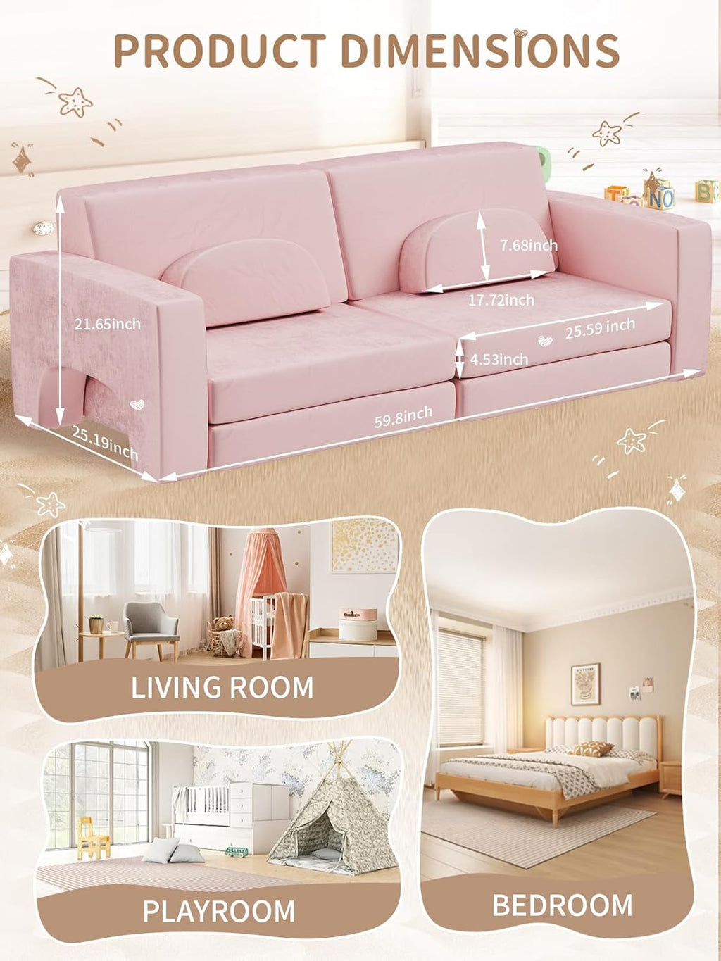 Modular Kids Play Couch, 10PCS Nugget Couch Kids for Boys and Girls, Child Sectional Sofa Versatile Kid Sofa for Playroom, Bedroom, Classroom, Pink