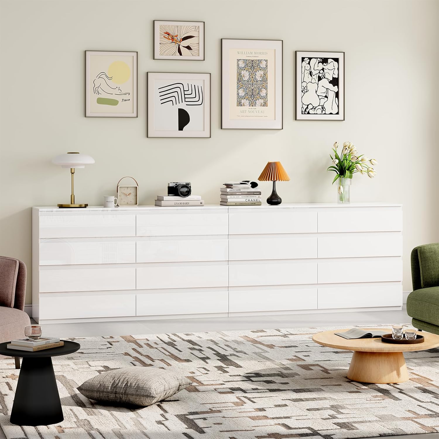 White Wood Dresser for Bedroom, 8 Drawer Dressers for Clothes Storage, Modern Dresser with Wide Drawers, Wide Wooden Chest Drawers for Living Room, Entryway, TV Stand(55" W x15.4 Dx32.3 H)