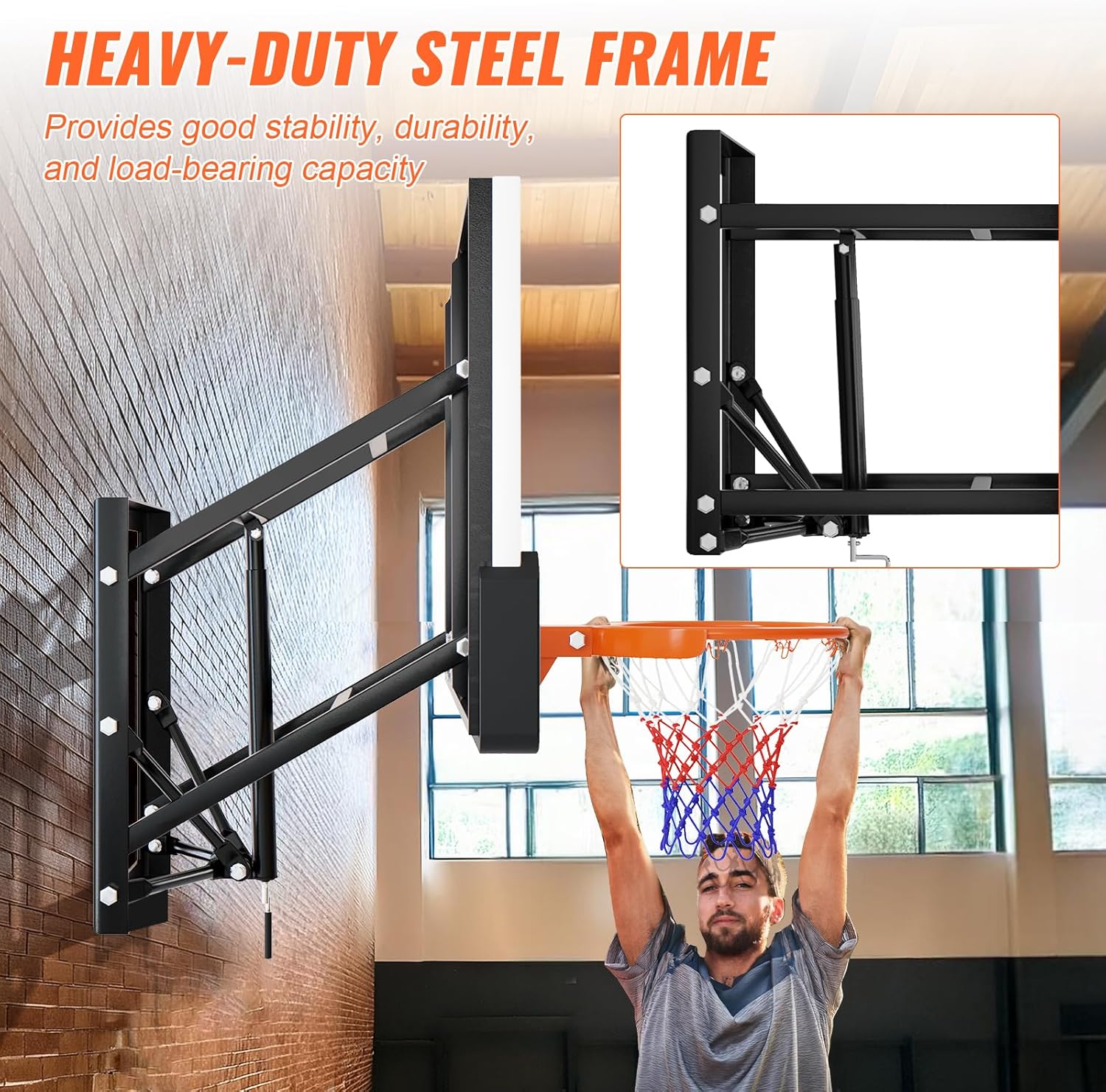54 Inch Basketball Backboard, 8-20 FT Height Adjustable Outdoor Wall Mounted Basketball Hoop for Gyms Garages Schools