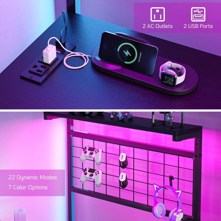 L Shaped Gaming Desk, Reversible Computer Desk with 4-Tier Shelves, Corner Desk with Pegboard, Home Office Desk with LED Lights & Power Outlets Gaming Desk with Storage, Black