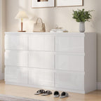 White Wood Dresser for Bedroom, 9 Drawer Clothes Storage | Modern, Handle-Free, High Gloss, Wooden Drawers, 55" long, for Living Room, Entryway, TV Stand