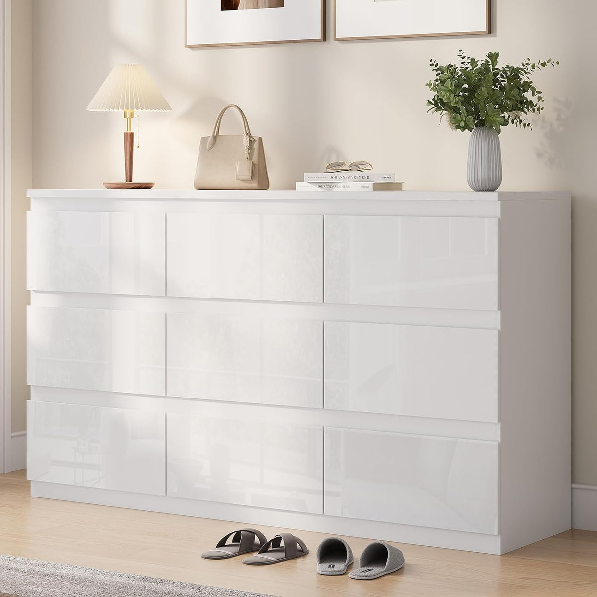 White Wood Dresser for Bedroom, 9 Drawer Clothes Storage | Modern, Handle-Free, High Gloss, Wooden Drawers, 55" long, for Living Room, Entryway, TV Stand