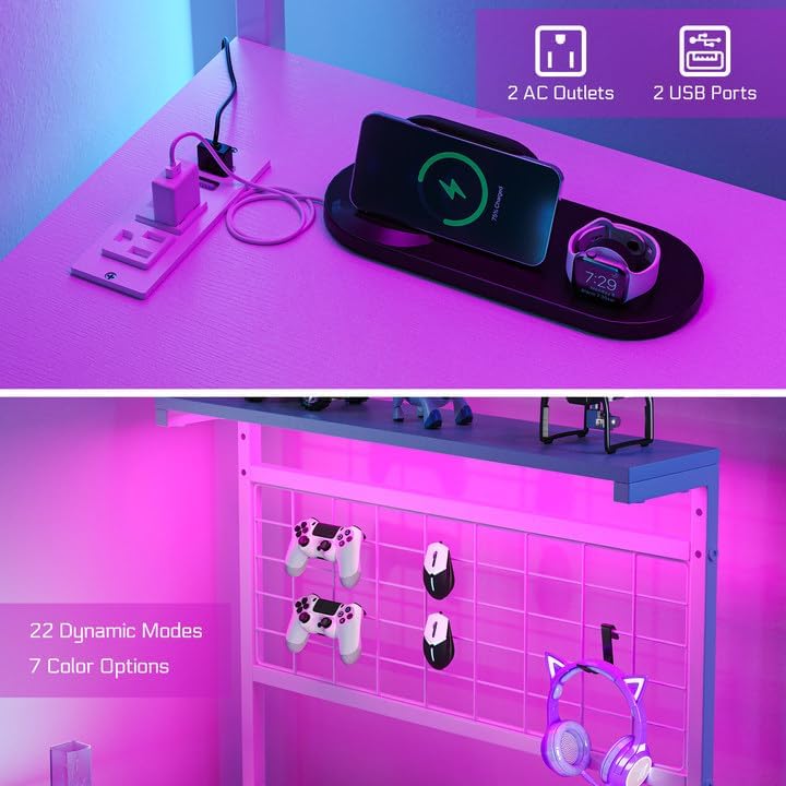 L Shaped Gaming Desk, Reversible Computer Desk with 4-Tier Shelves, Corner Desk with Pegboard, Home Office Desk with LED Lights & Power Outlets Gaming Desk with Storage, White