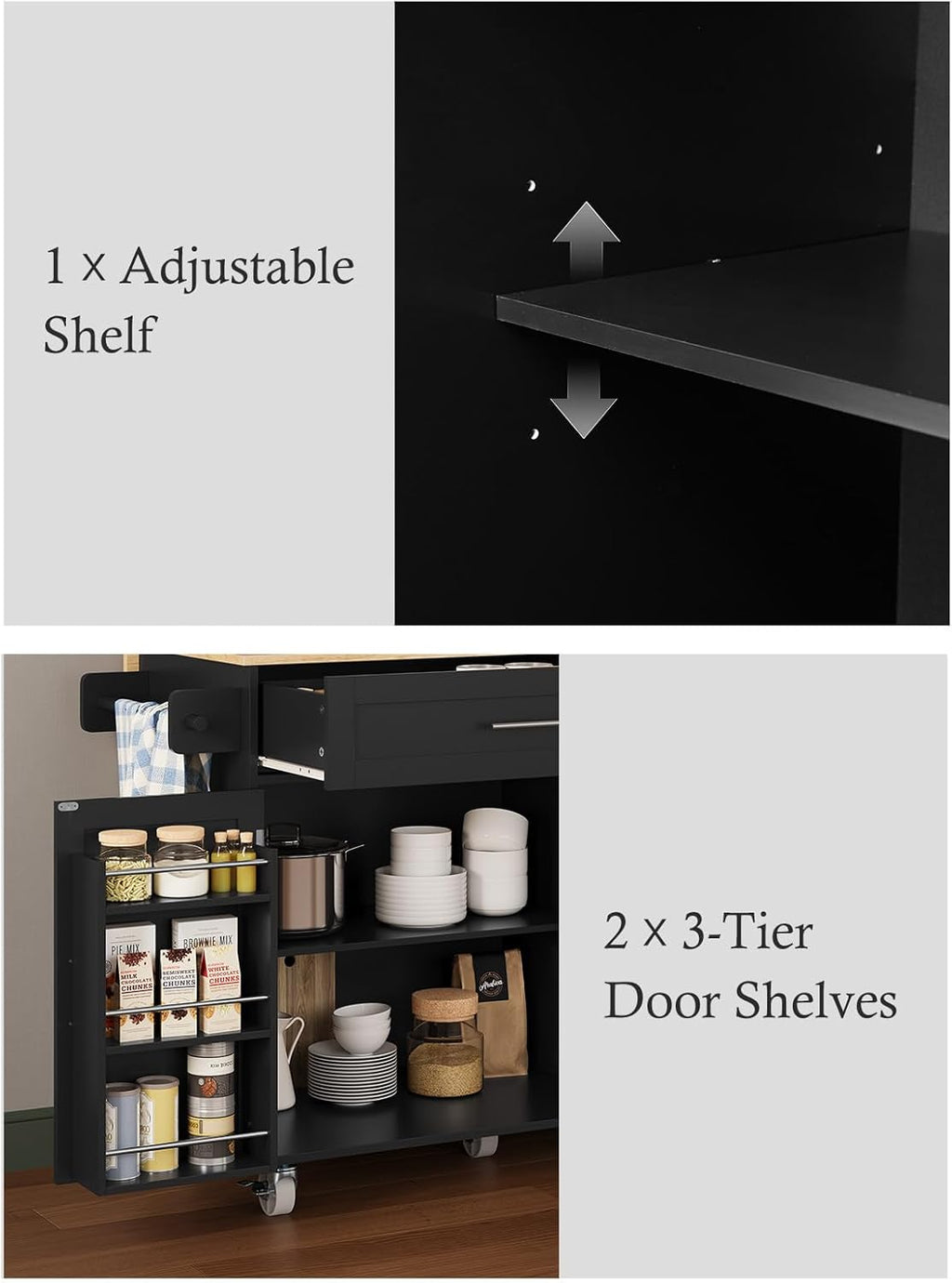 Kitchen Island with Storage, 31.5" D Rolling Kitchen Cart on Wheels with Widen Drop Leaf Rubberwood Top, Large Mobile Kitchen Island with Trash Can Storage and Towel Bar, Black