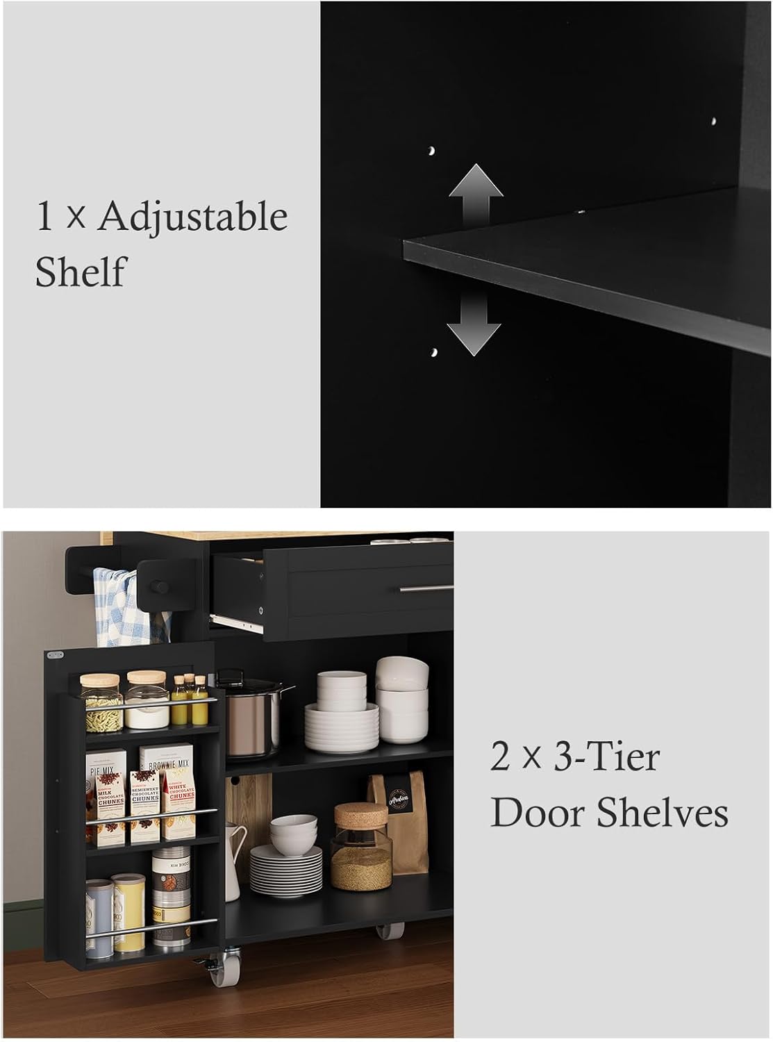 Kitchen Island with Storage, 31.5" D Rolling Kitchen Cart on Wheels with Widen Drop Leaf Rubberwood Top, Large Mobile Kitchen Island with Trash Can Storage and Towel Bar, Black